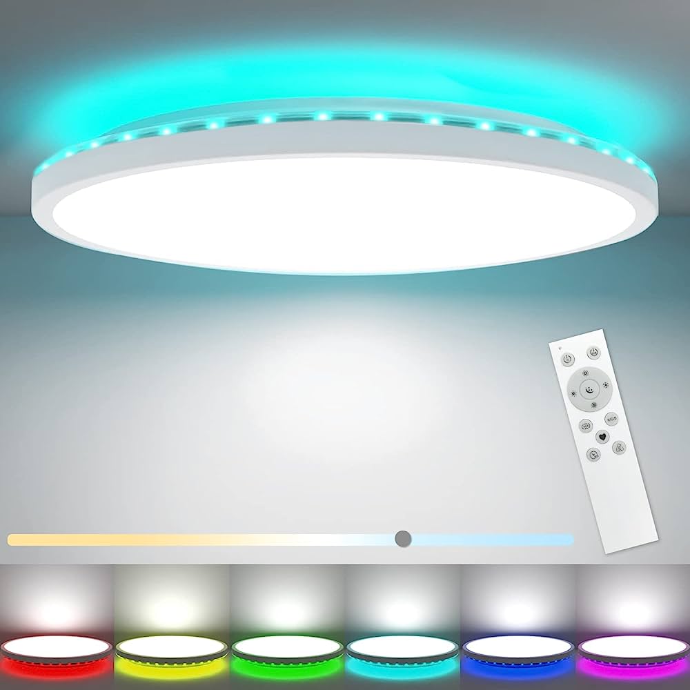 LED Ceiling Light 3000-6500K, 24W 3200LM Bathroom Light Dimmable with Remote Control, RGB